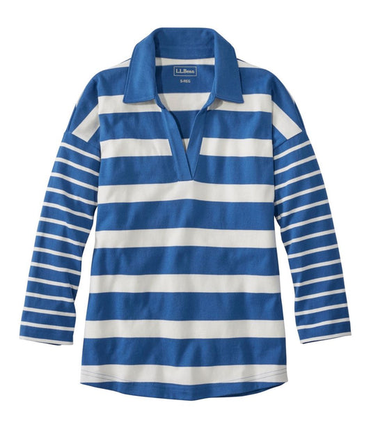 L.L.Bean | Women's Heritage Mariner Top, Splitneck Polo Three-Quarter-Sleeve, Block Stripe