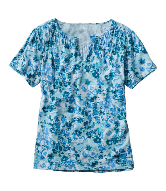 L.L.Bean | Women's Organic Cotton Tee, Smocked Notch-Neck Short-Sleeve Print
