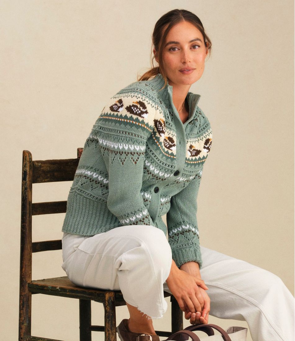 L.L.Bean | Women's Signature Cotton Fisherman Sweater, Short Cardigan Fair Isle