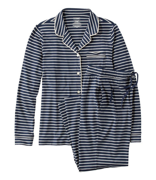 L.L.Bean | Women's Super-Soft Shrink-Free Button Front Pajama Set, Stripe