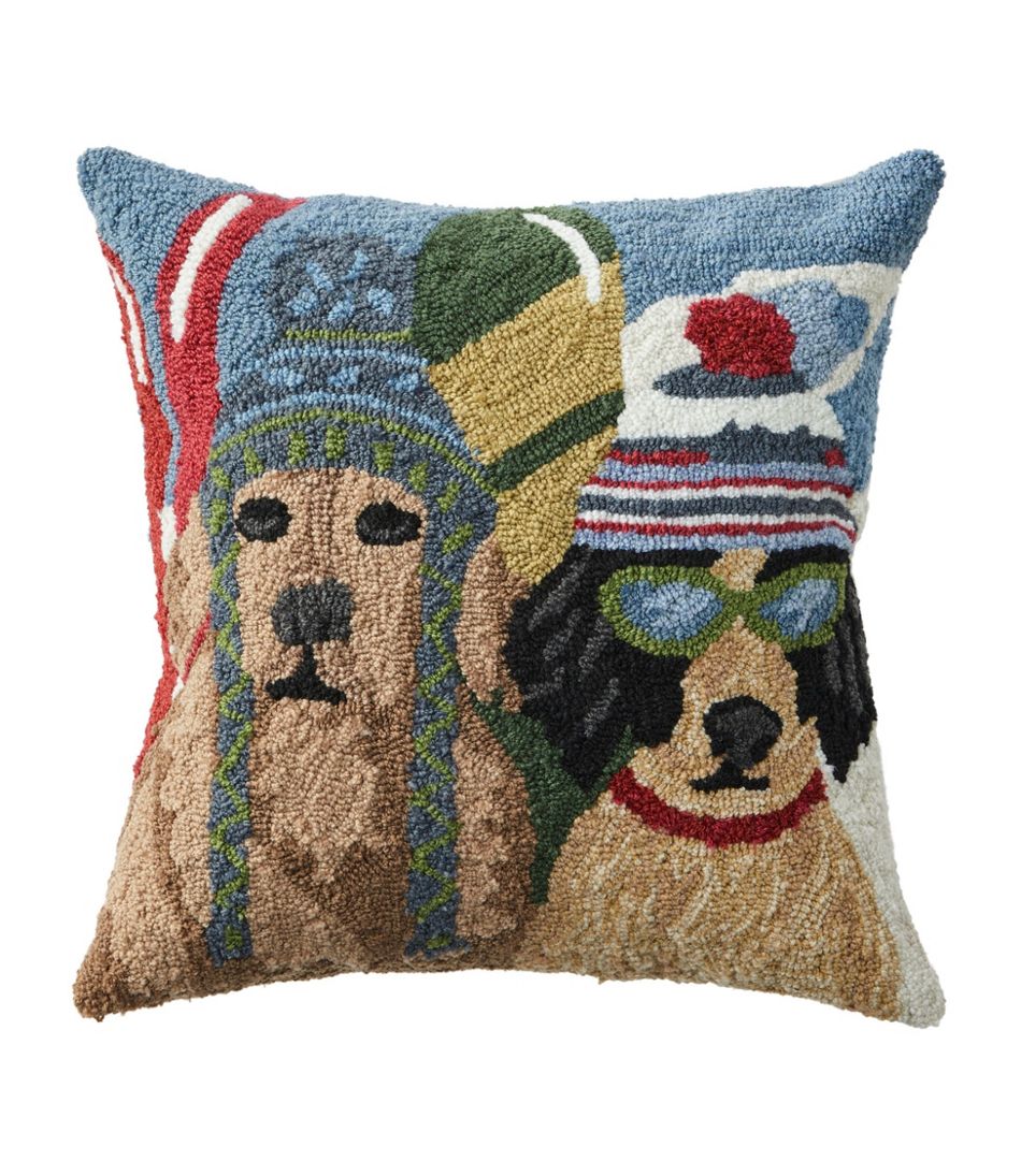 L.L.Bean | Indoor/Outdoor Hooked Pillow, Dogs Skiing