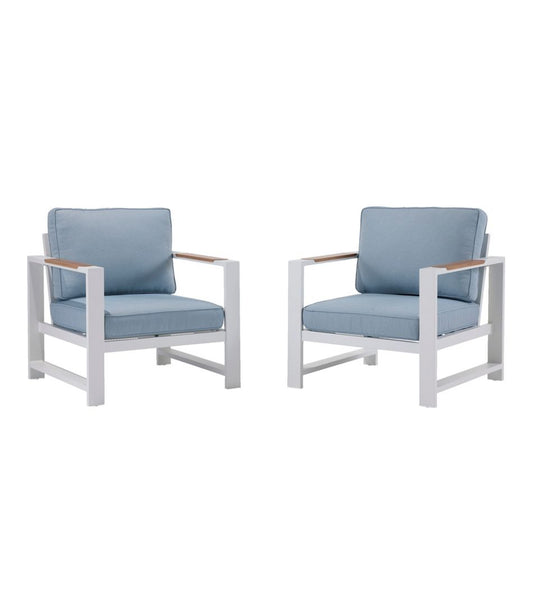 L.L.Bean | White Aluminum Deep Seating Armchair with Blue Cushions, Set of Two